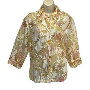 Mirasol Women Burnout Button Front Shirt Blouse Top 3/4 Sleeve Size L